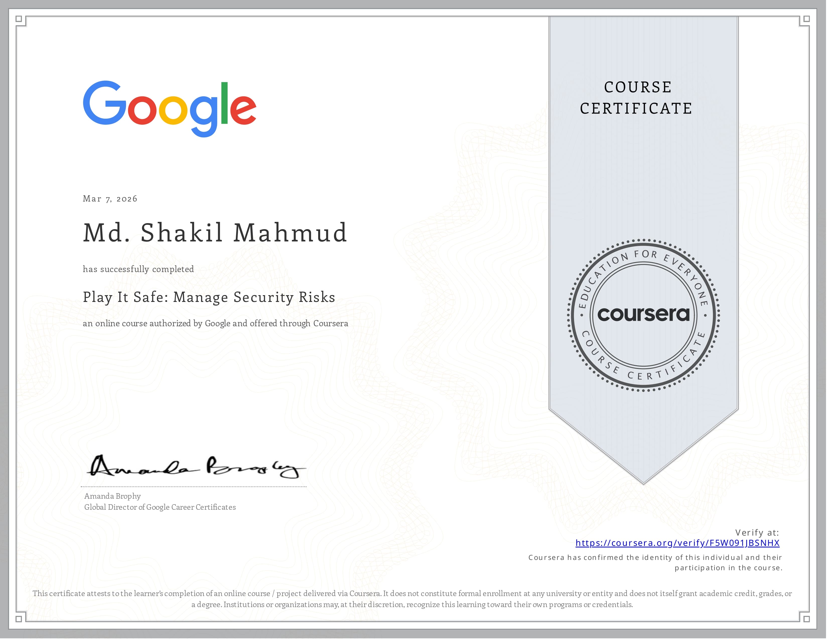 Play It Safe - Manage Security Risks Certificate